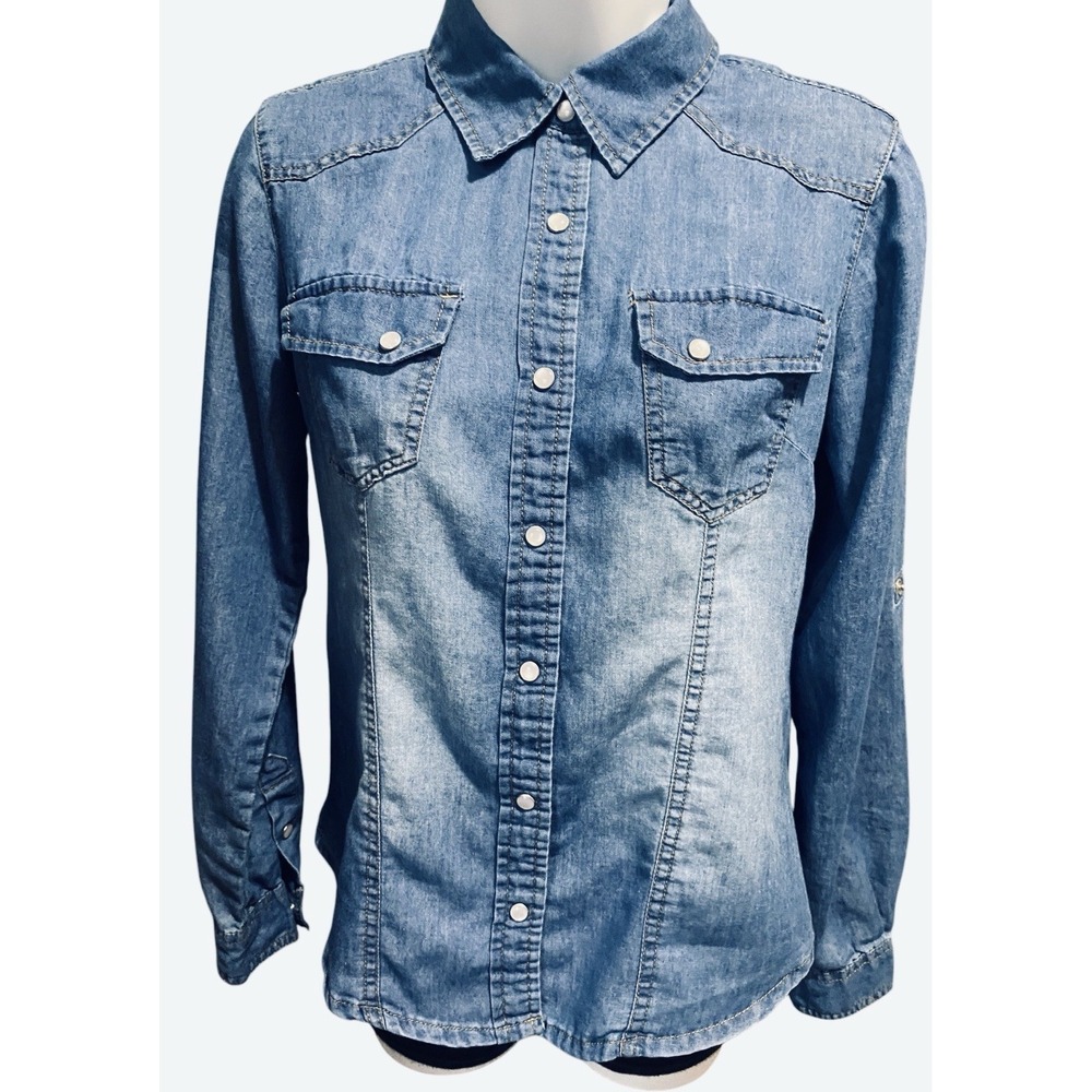 New Look Jean Shirt Women S Blue Denim Chambray Pearl Snap Western Yoke Rodeo